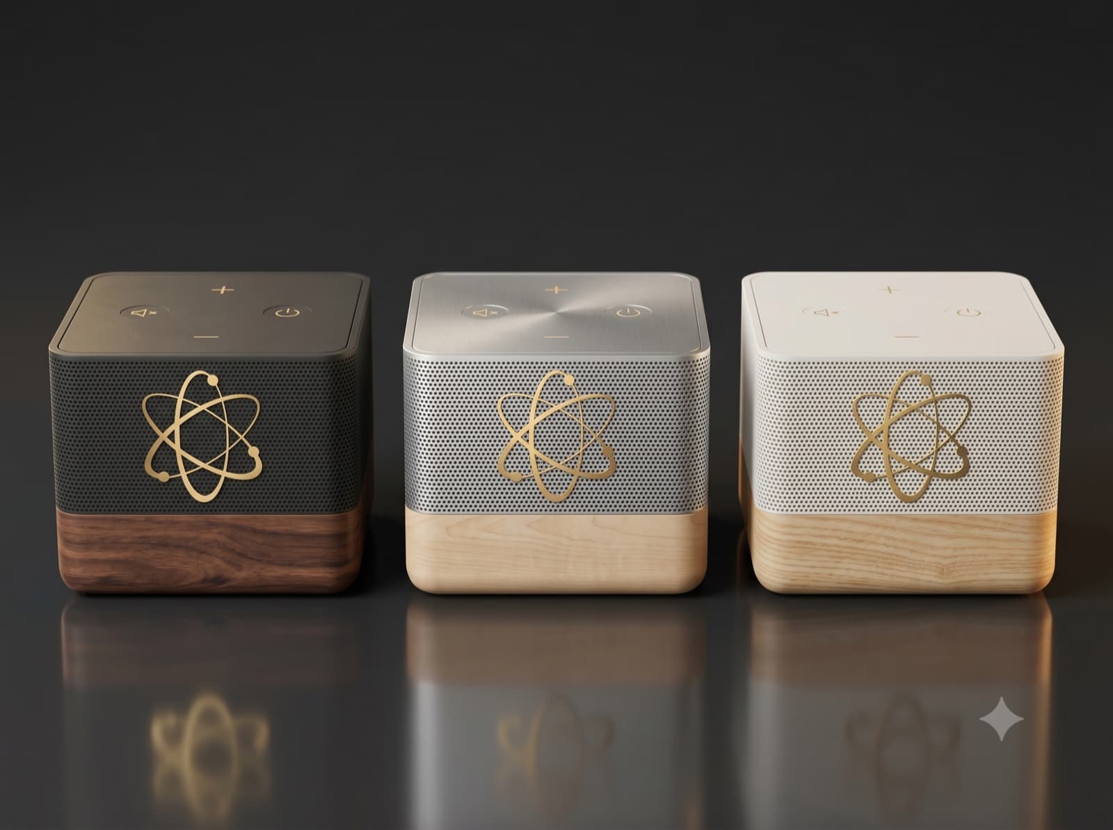 Spot finishes — walnut, brushed aluminum, and white oak