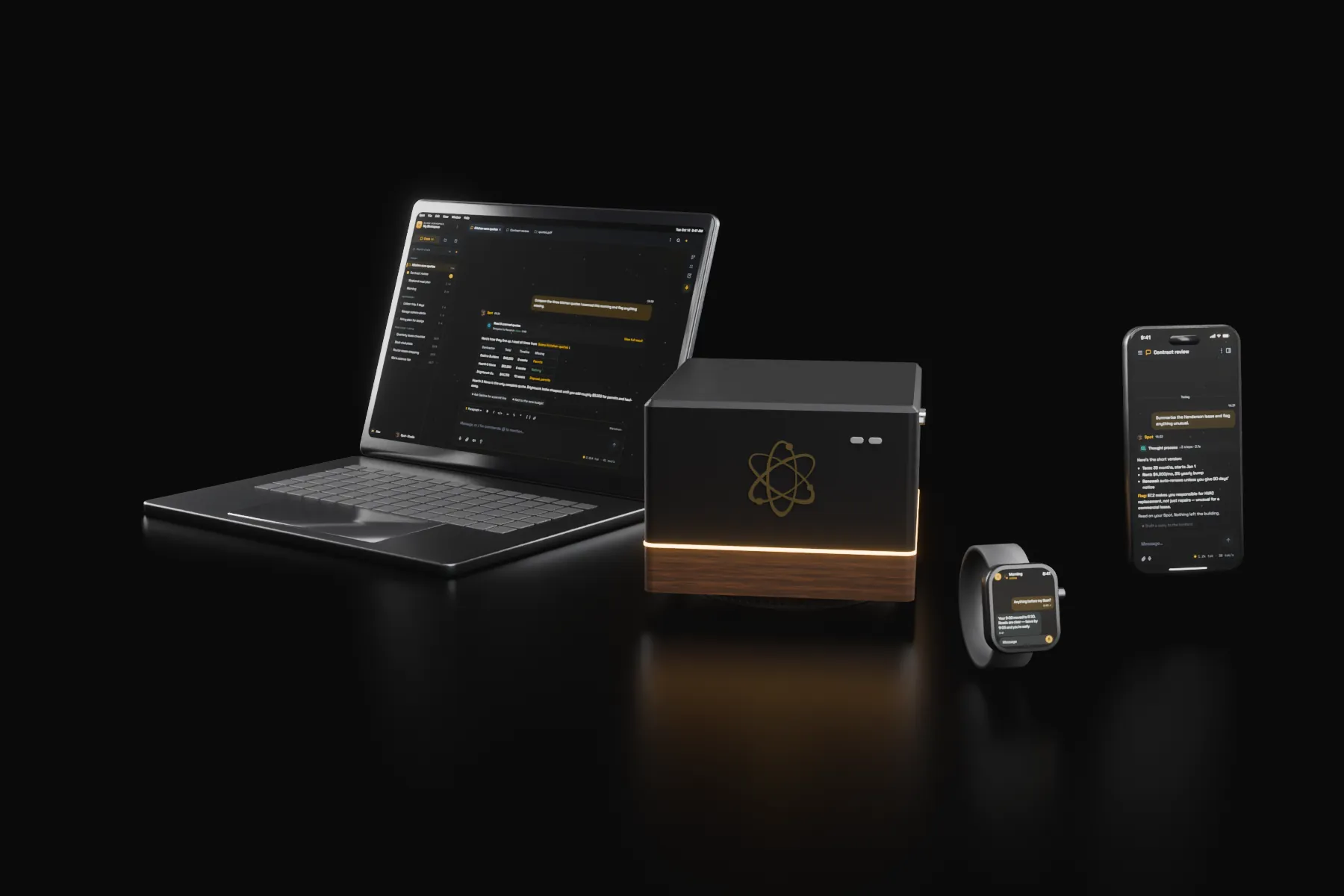 Spot with a laptop, phone and watch running the Spot app