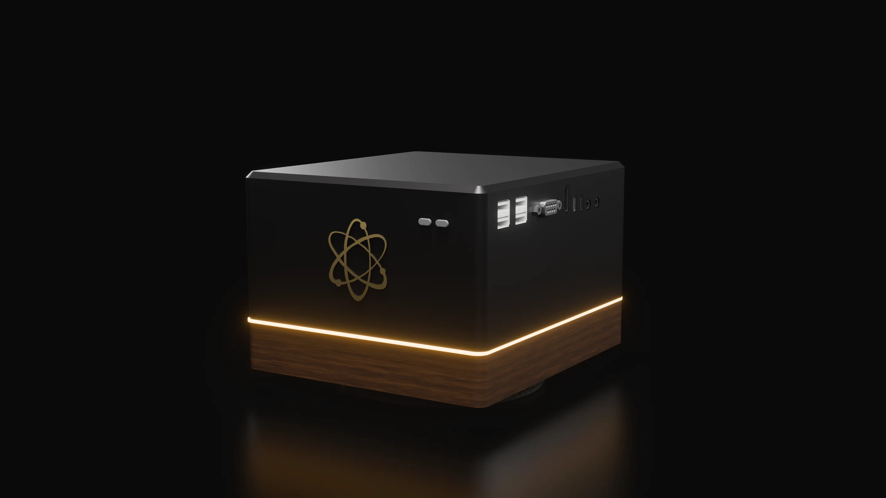 Spot — a matte black box on a walnut base with a warm light band, under a spotlight