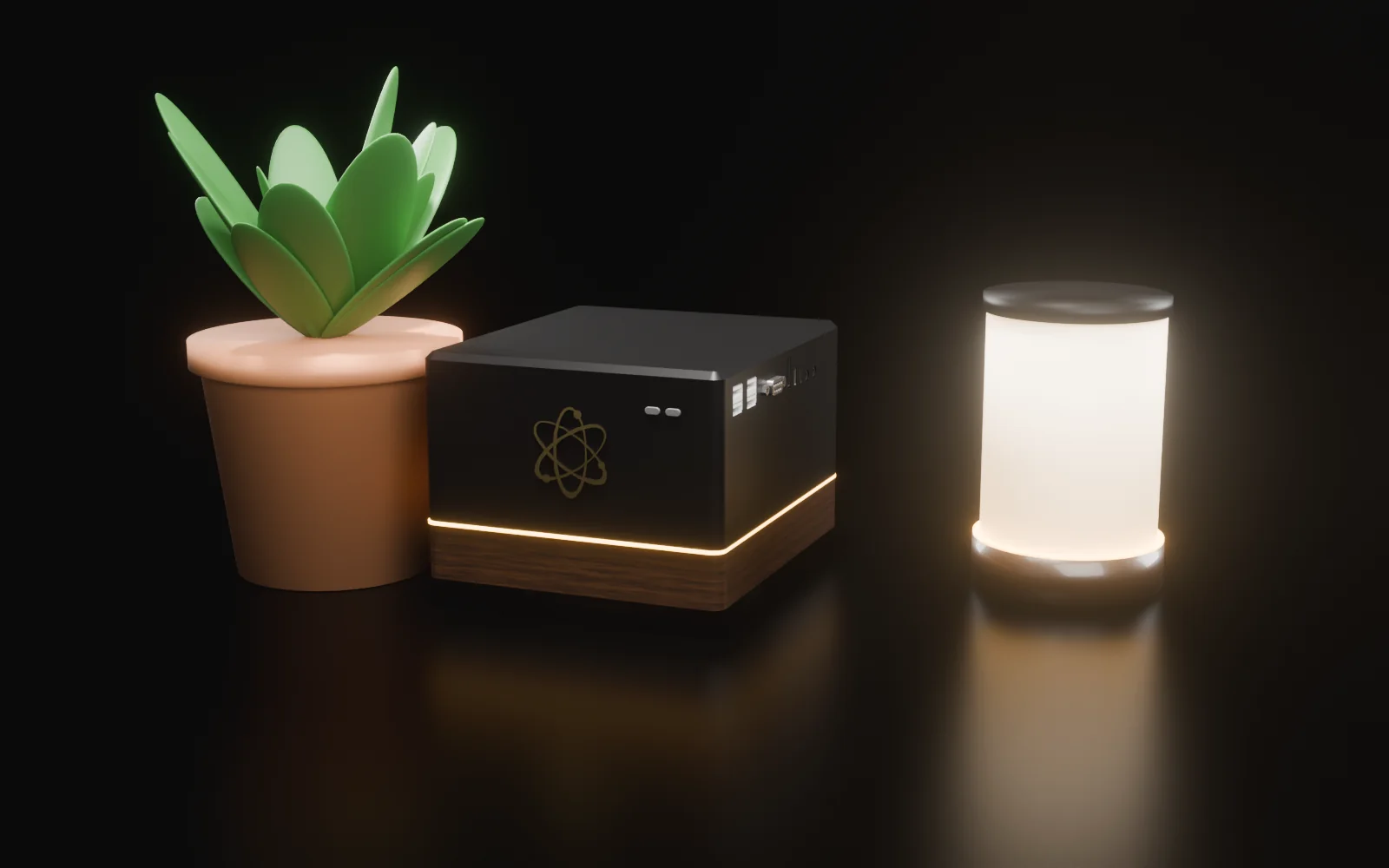 Spot at home beside a plant and the glowing Spot lamp