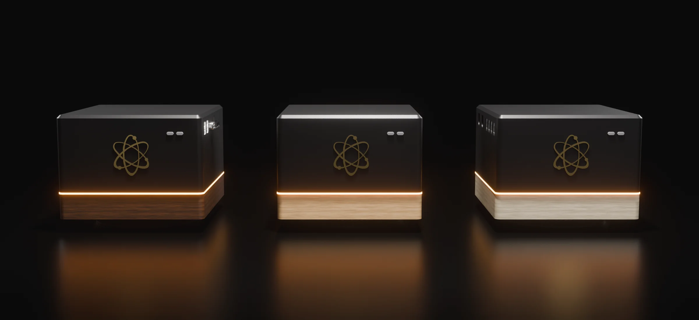 Three Spot V1 units side by side with walnut, maple and ash bases